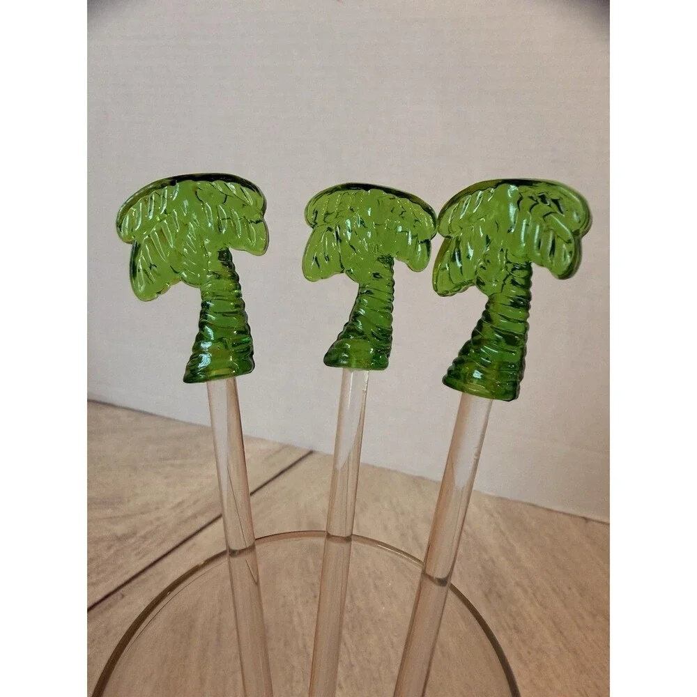 Hand-Blown Glass, Plastic Swizzle Sticks Tropical Tiki Palm Tree Shell Stirrer 7